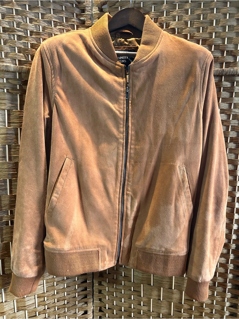 Men’s Cognac Genuine Suede Leather Bomber Jacket Zip Front Classic